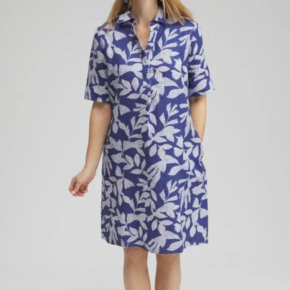 Chico’s Linen Leaf Print Popover Shirt Dress size 3 XL 16 Blue - Picture 9 of 9